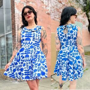 NOOWORKS Size S Peter Pan Dress Dutch Garden Blue White Print Sleeveless A-line
